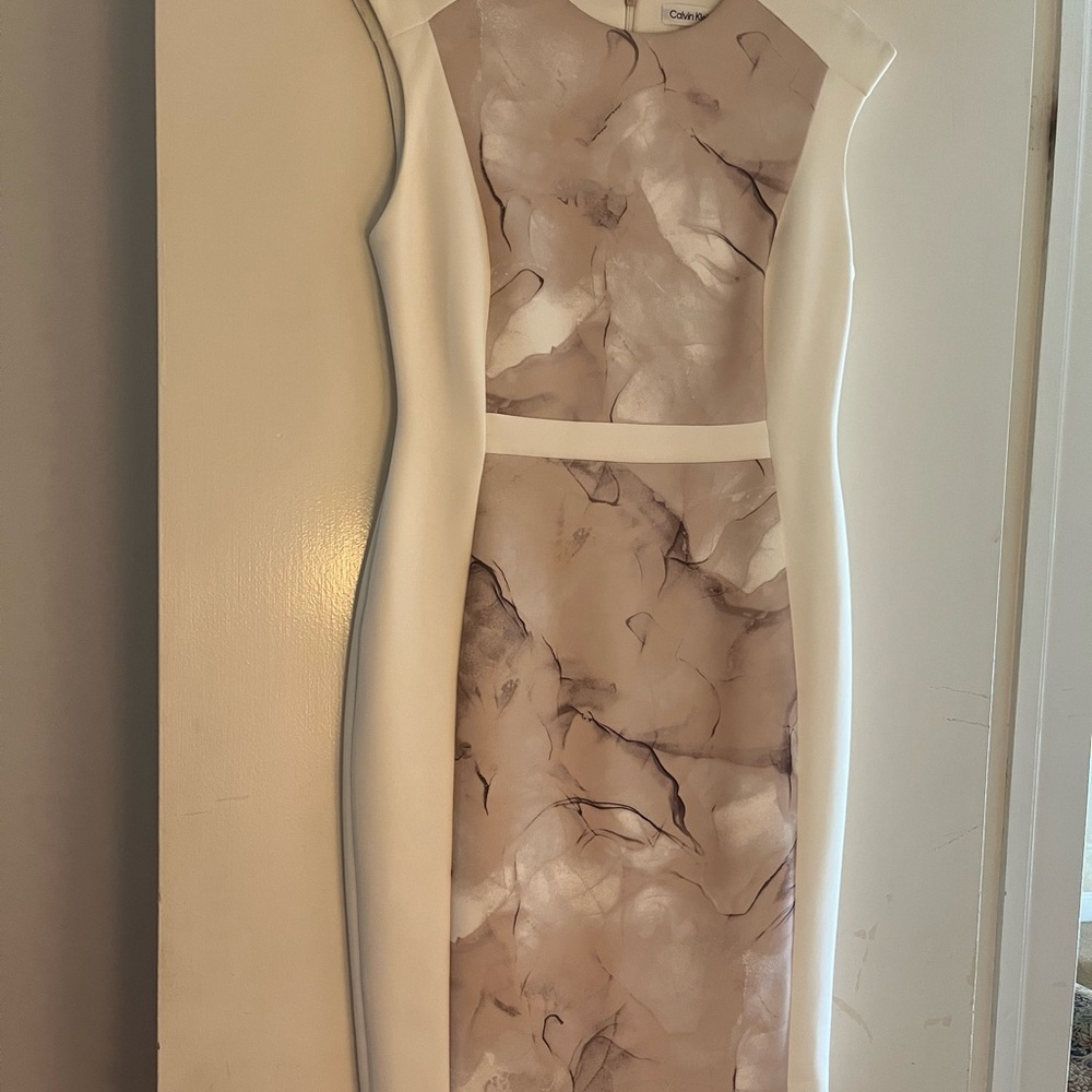 Calvin Klein Gold Tan Sheath Midi Dress Mock Neck